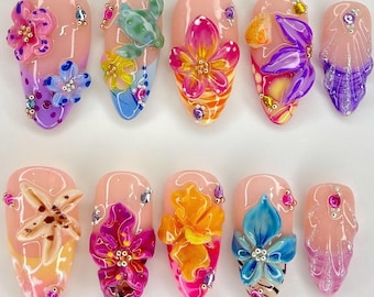 Custom Flower Fairycore Nails | Press On Nails Almond | Dreamy 3D Orchad Floral Press-Ons | Hand-painted Acrylic Spring Fake Nails | K14