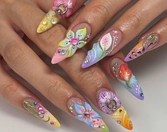 Spring 3D Floral Nails, Rainbow Press On Nails, Pastel Blossom Tulip Flower Fake Nails, Tropical Nail Art | Hand-Painted 3D Acrylic Nail Set