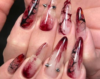 Vampire Blood Press On Nails, Bloody Horror Nail Art, Red Marble Halloween  Nails with Metal Studs, Gothic Vampire Nails, Black Vein Details