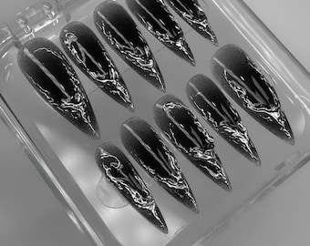 Mystical White Press On Nails | Black Enigmatic Patterns | Artistic Nails with High Quality | Goth, Gothic, Y2K Inspired Nail Art