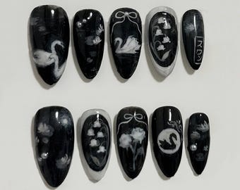 Elegent Black Swan Press On Nails: Black and White Nail Art, Hand-painted Swan Lake Theme, Lily of the Valley, Gothic Nails