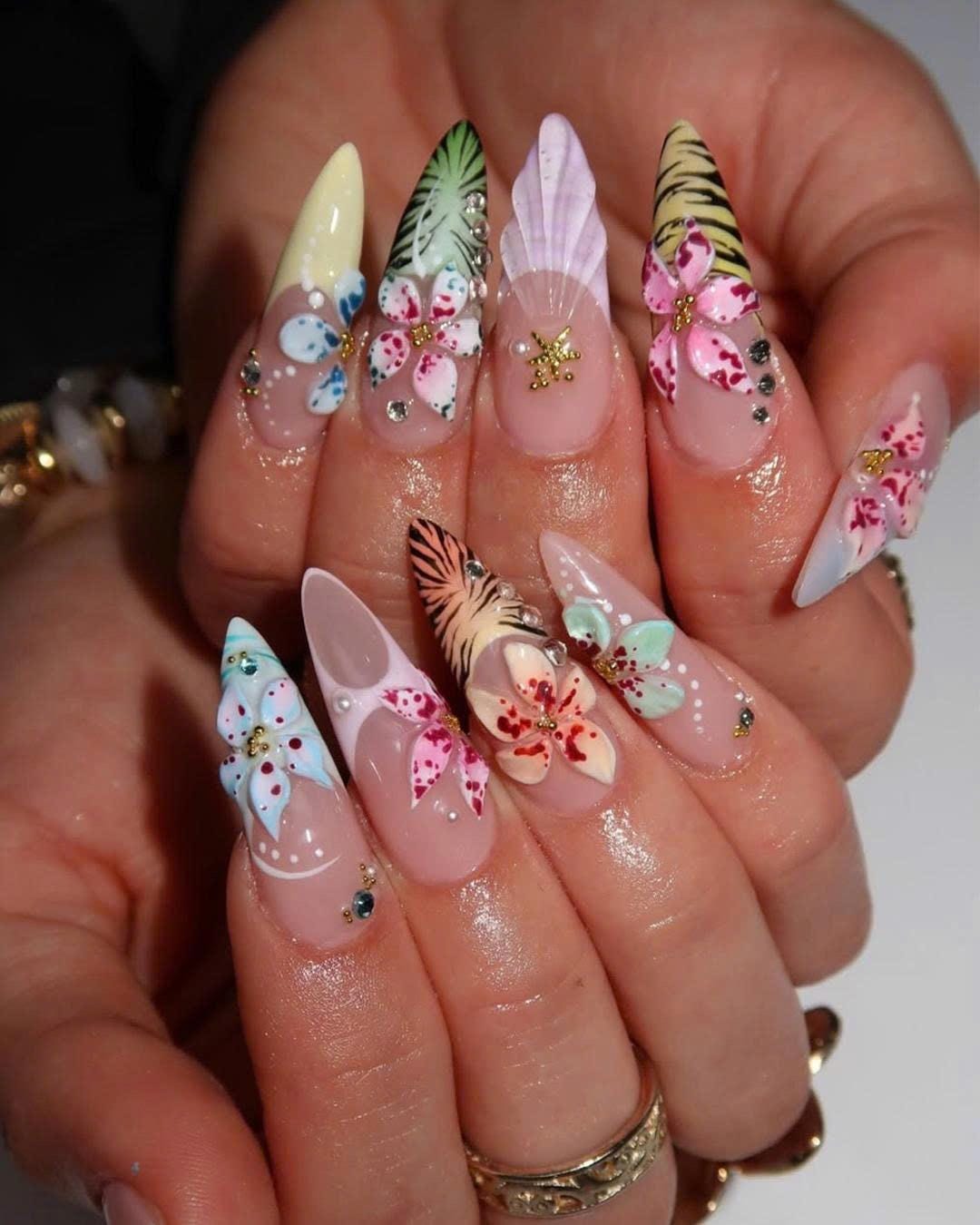 Handmade Vibrant Flower Nails, Tropical Jungle Floral Press On Nails, Summer Paradise Nail Art, 3D Flowers Nails, Bold Nails, Summer Vibes