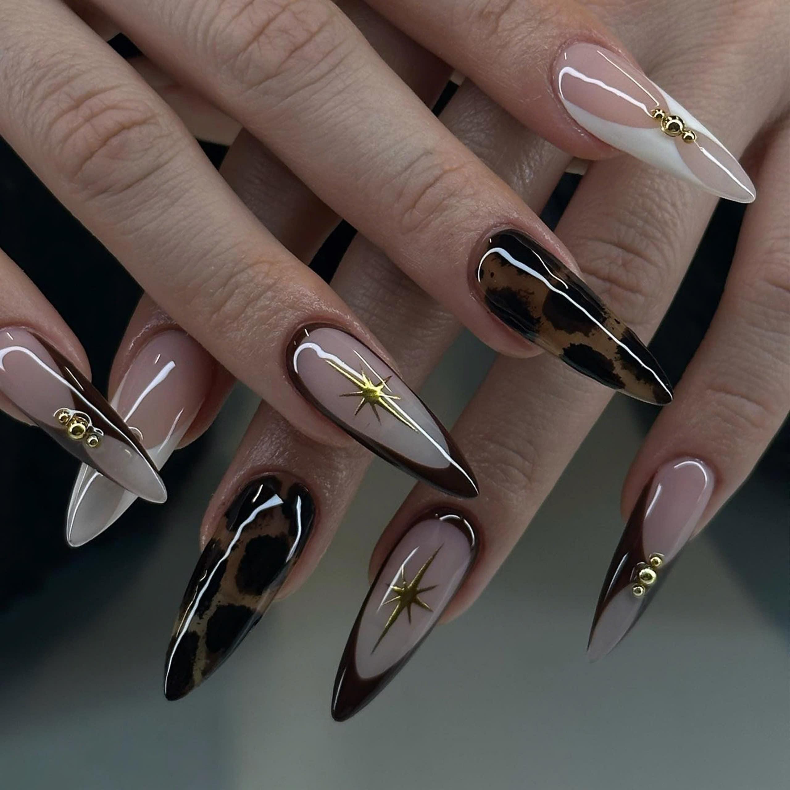 Brown Leopard Print Nails, Luxury Brown & Gold Stiletto Press On Nails, Chic Brown French Tips Fake Nails, Trendy High Fashion Acrylic Nails