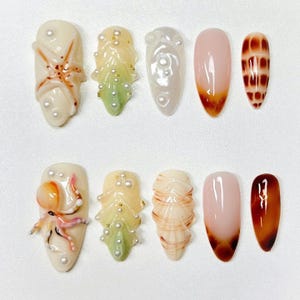 Jelly Ozean-inspirierte Nagelkunst | 3D Strand Thema mit Muscheln und Meerjungfrau-Design | Handgemachte Press-Ons für Summer Vibes