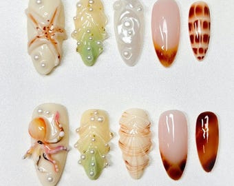 Jelly Ocean-Inspired Nail Art | 3D Beach Theme with Seashells and Mermaid Design | Handmade Press Ons for Summer Vibes