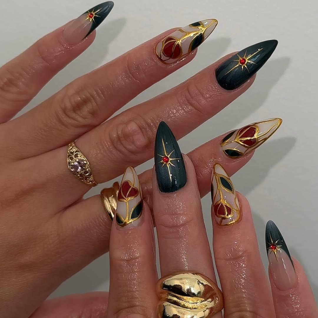 Luxury Stained Glass Press on Nails, Green and Gold Foil Stained