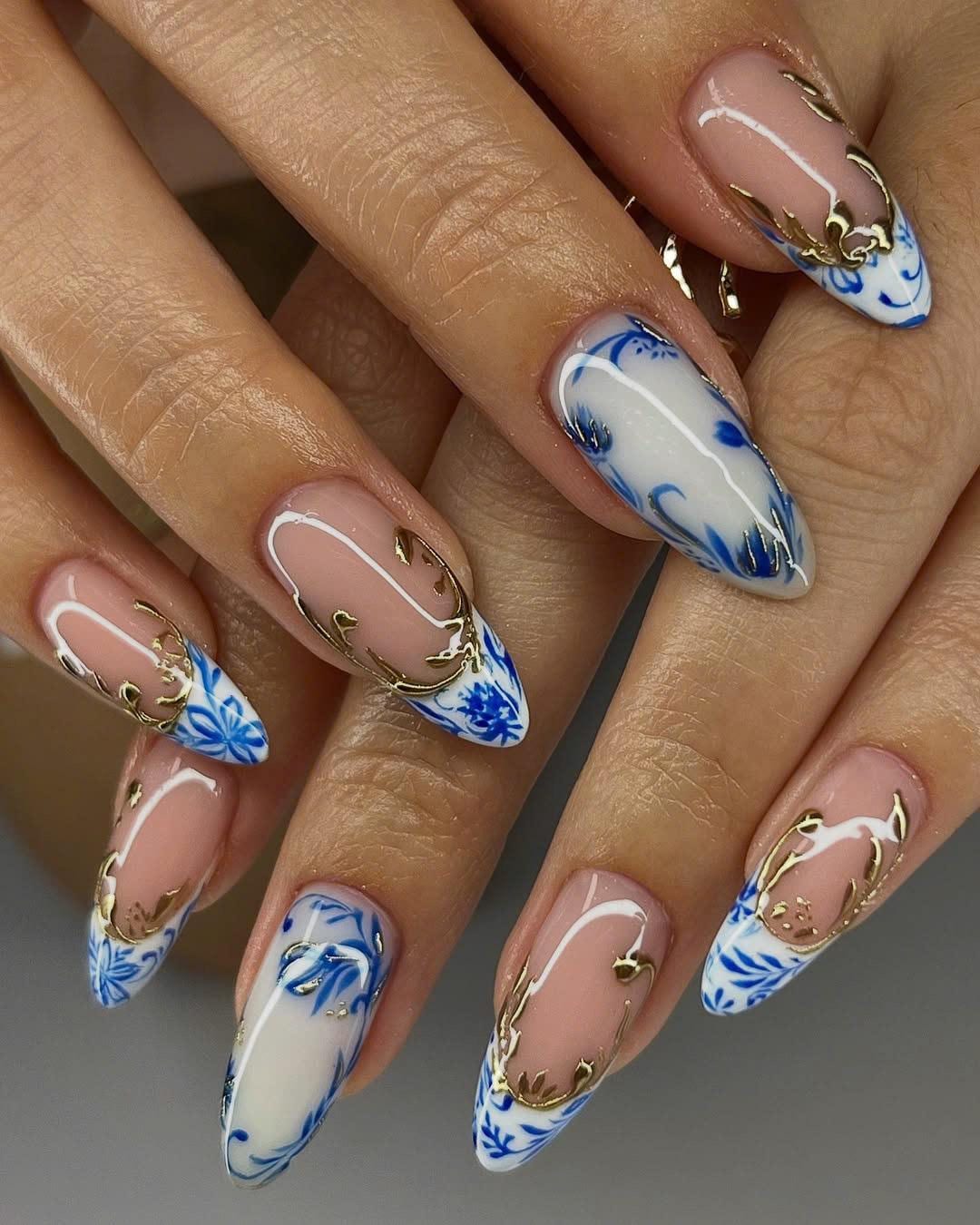 Chinoiserie Blue Porcelain Inspired Nails, Ceramic Blue and White
