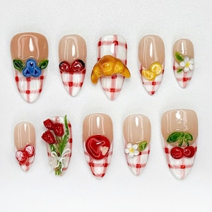 Gingham Fruit Picnic Press On Nails, 3D Gel Fruit Nail Art with Gingham, Floral & Bread, Dreamy Strawberry Nails, Summer Nails, Kawaii Nails