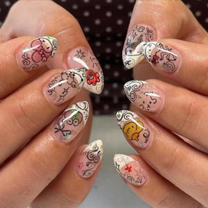 Cute Cartoon Doodle Press On Nails, Whimsical Kawaii Anime Inspired Nail Art,  Playful Kawaii Handmade Nails, Cute Melody Characters Nails