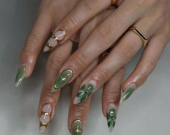 Green Gold Glam Press On Nails | Luxury Green Marble Manicure Nail Art | Luxe Jade Press On | Green Fake Nails | Emerald Boho Reusable Nails