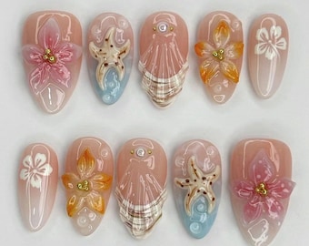Summer Ocean Nails, Tropical Beach Press On Nails, Ocean Theme Reusable Nails with Flowers and Seashells Design, Beach Nails, Coastal Sea