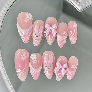 Adorable Pink Bunny Press On Nails 3D Flowers and Bows, Handmade Kawaii Nail Art, Cute Pink Nail Set, Easter Day Nails, Holiday Nails
