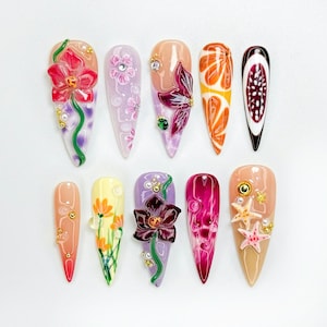 Summer Floral Press On Nails: Boho Tropical 3D Orchid Nail Art