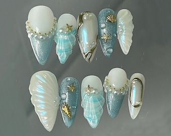Mermaid Ocean Press On Nails Almond | Blue Ocean-Inspired Designs with Glittery Oceanic, 3D Starfish | Custom Handmade Press On Nails | K10