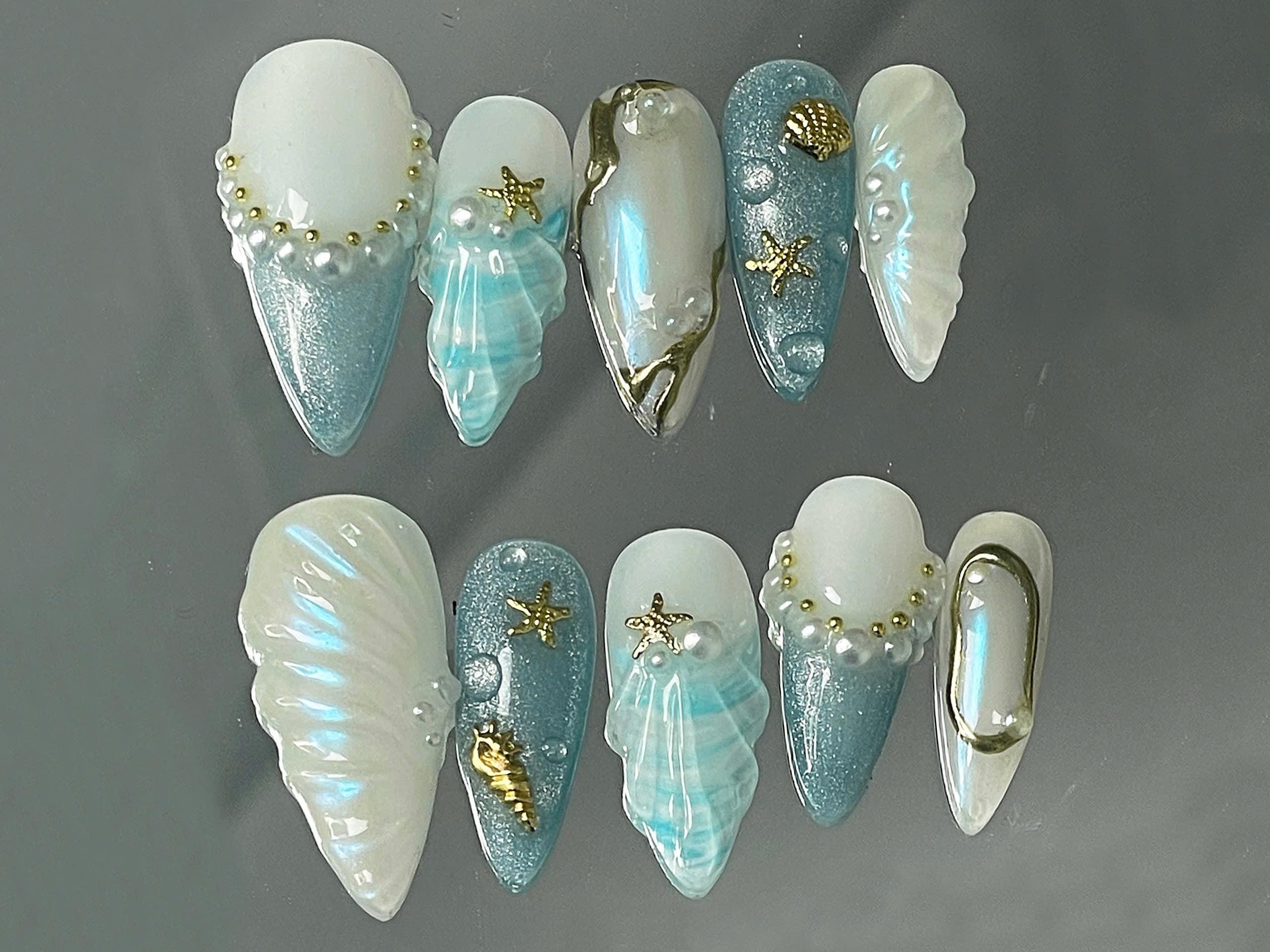 Mermaid Ocean Press On Nails Almond | Blue Ocean-Inspired Designs with Glittery Oceanic, 3D Starfish | Custom Handmade Press On Nails | K10