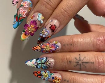 Spring Nails, Vibrant Flower Garden Press On Nails Long Stiletto, Hot Trend Summer Nail Set, 3D Floral Fake Nails, Rainbow Acrylic Nails