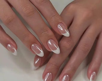 French Tips Glaze Chrome Press On Nails | Glazed Donut Nails | Fake Nails | Luxury Glossy Long Stiletto Nails | Festive Nails