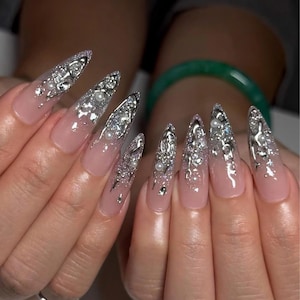 Elegant Silver Press On Nails, Silver Chrome 3D Metallic Press Ons, Luxury Glitter Nail Art with Crystals Pearls Charms, Wedding Nails, Prom