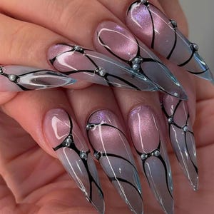Glass Jelly Pink Press On Nails: Modern Pink Blue Ombre Nail Art, Y2K Cyber Fairy Nails, 3D Cat-eye Effect Press Ons, Transparent Fake Nails