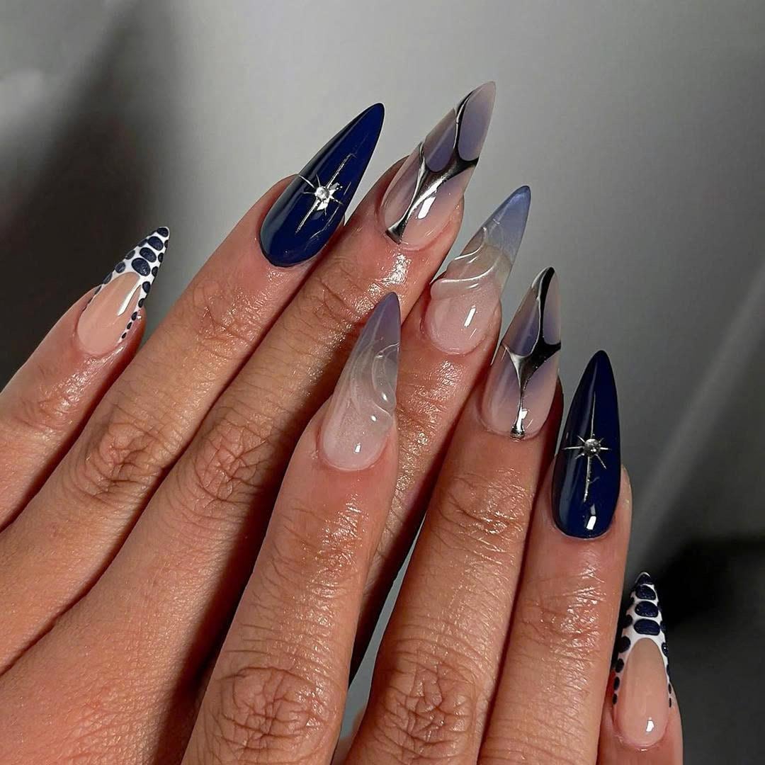 Celestial Blue and White Press-on Nails Glossy, Elegent