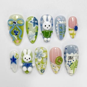 Kawaii Miffy Bunny Press On Nails: 3D Rabbit Nail Art