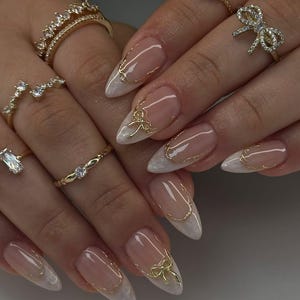 Pearl White French Tips Wedding Nails, Custom Gold Bow Press on Nails, Handmade Press ons, Acrylic Nails, Bridal Nails, Gel Nails Reusable