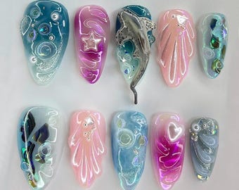 Jelly Ocean Press On Nails: 3D Baby Shark, Seashell, Handmade Nail Art for Beach, Oceanic Lover, Summer Vibes Press Ons