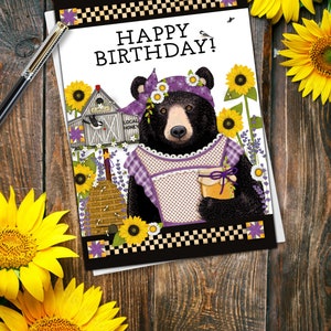 Bear Birthday Card, Woodland Animal Card, Bee Card, Sewing Card, Quilt, Birthday Card for Quilter, Quilting, Huckleberry Moose, Lori Nawyn
