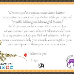 May include: A decorative card with an orange border and a white interior. The card features text about mindful making and meaningful stories, with a red heart and floral accents. The card also includes social media icons and a logo.