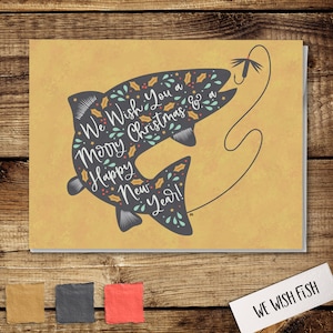 Tarjeta navideña de pesca, tarjeta navideña, tarjeta al aire libre, tarjeta navideña, interior en blanco
