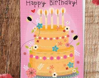 Birthday Card, Birthday Cake, Floral Birthday, Birthday Card for Friend