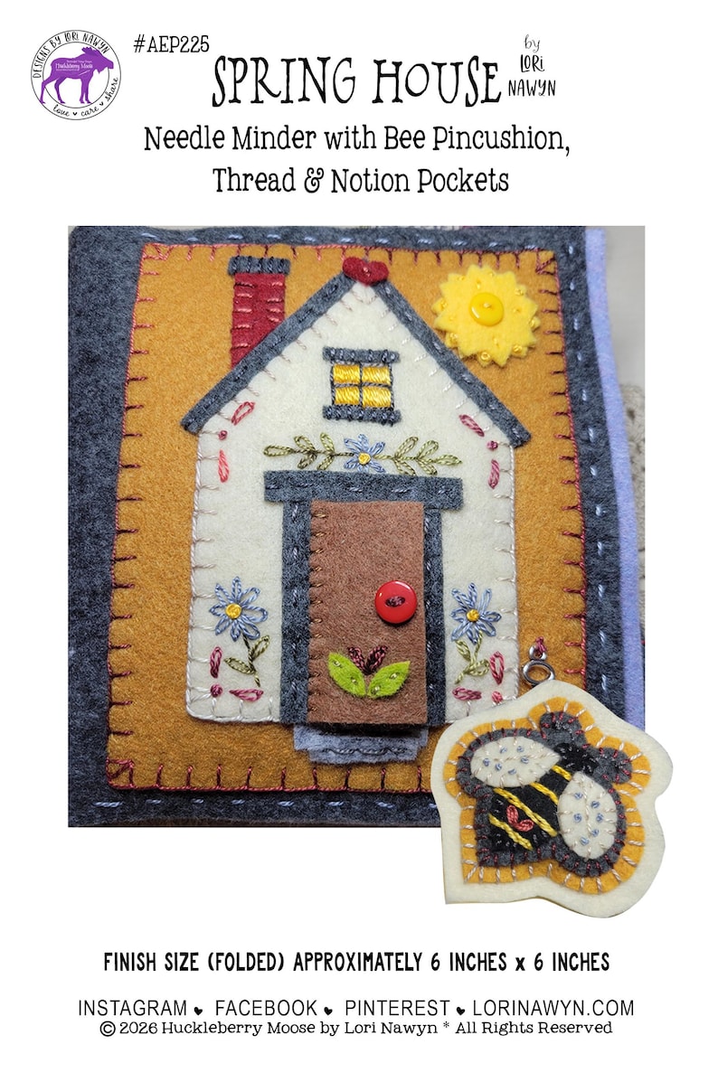 May include: A handmade felt needle minder with a house design. The house is white with a brown door, red chimney, and yellow window. Includes a bee-shaped pincushion. Finished size is approximately 6 inches x 6 inches.