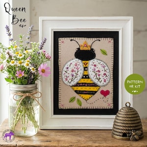 Queen Bee Wool Applique Embroidery - Printed Pattern or Kit, Handmade Lori Nawyn