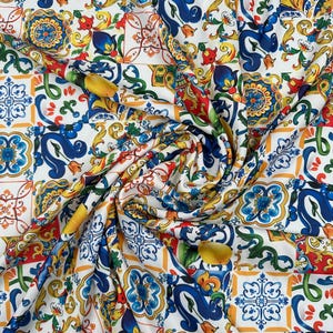 Italian Majolica Print Crepe Fabric: Sicilian Tile & Lemon Motifs