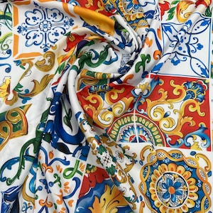 Sicilian Tile Print Crepe Fabric: Italian Majolica Panel