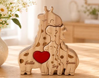 Personalized Giraffe Family Puzzle, Custom Wooden Name Keepsake, Family Gift for Mom Dad Kids, Baby Shower Gift, New Parents Gift
