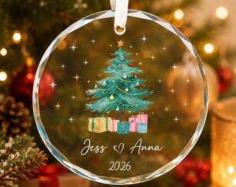 Personalisierter Weihnachtsschmuck für Paare, Glas-Erinnerungsstück mit Namen und Jahreszahl, Geschenk zum ersten Weihnachtsfest für Ehepaare, Hochzeitsgeschenk