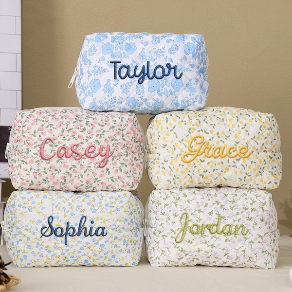 Bolsa de maquillaje bordada a mano, bolsa de cosméticos floral con nombre personalizado, bolsa de maquillaje de viaje, kits de aseo para mujer, regalos para damas de honor, regalo para ella