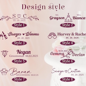 May include: A design style guide featuring eight different wedding-themed text layouts. Each style includes names, dates, and decorative elements like hearts, flowers, and champagne flutes. The text is in a deep burgundy color.