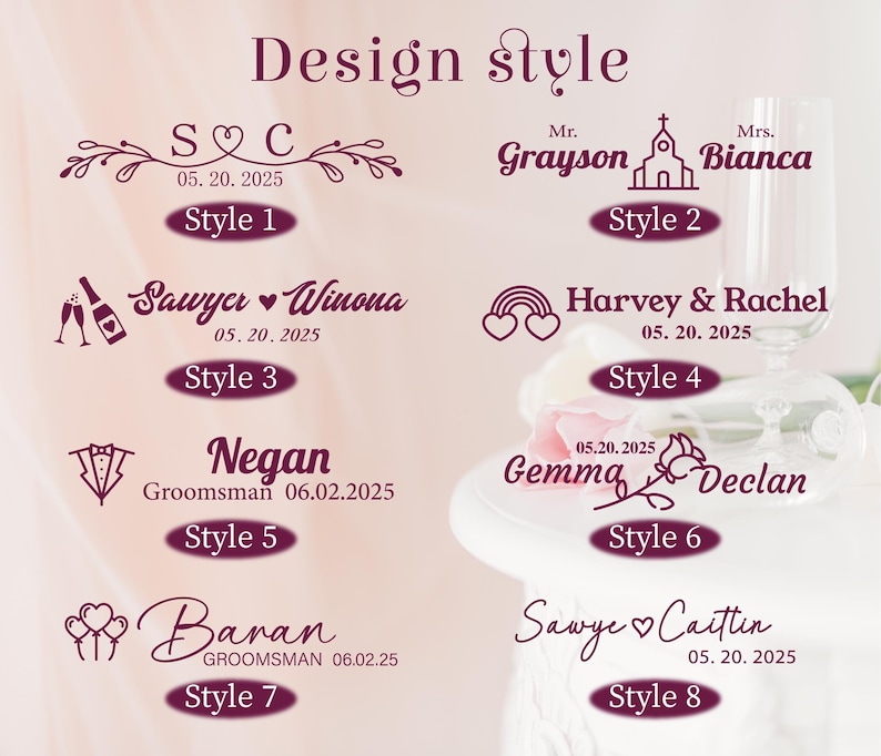May include: A design style guide featuring eight different wedding-themed text layouts. Each style includes names, dates, and decorative elements like hearts, flowers, and champagne flutes. The text is in a deep burgundy color.