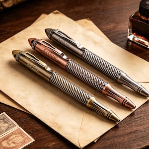 May include: Three metal pens with a twisted grip pattern and a clip on the cap. Each pen features the name Arthur engraved on the clip. The pens are finished in brass, copper, and silver tones, each with a pointed tip and a loop at the top end.