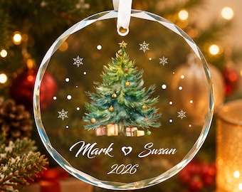 Personalisierter Weihnachtsschmuck für Paare, Glas-Erinnerungsstück mit Namen und Jahreszahl, Geschenk zum ersten Weihnachtsfest für Ehepaare, Hochzeitsgeschenk
