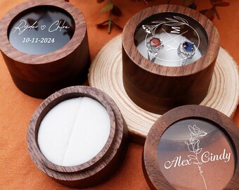 Personalized Wooden Wedding Round Ring Box, Clear Acrylic Cover Engraved Double Ring Bearer Box Engagement Proposal Ring Holder, Bridal Gift