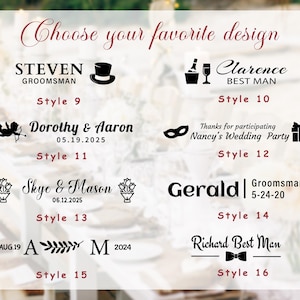 May include: A selection of wedding design options with text including names, dates, and titles like "Groomsman" and "Best Man." The designs are in black and include illustrations of a top hat, champagne, and a bow tie. The text "Choose your favorite design" is at the top.