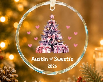 Personalisierter Weihnachtsschmuck aus Glas für Paare, Namensanhänger in Aquarelloptik, romantisches Geschenk zum ersten gemeinsamen Weihnachtsfest