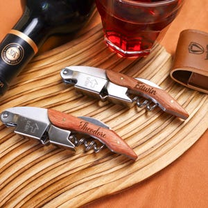 Personalized Wine Opener, Engraved Corkscrew, Bottle Opener, Custom Groomsmen Gifts, Wood Handle Bottle Opener with Holster Best Man Present