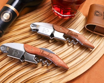 Personalized Wine Opener, Engraved Corkscrew, Bottle Opener, Custom Groomsmen Gifts, Wood Handle Bottle Opener with Holster Christmas Gifts