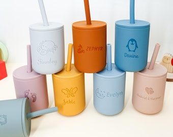Personalized Baby Silicone Training Cup with Straw, Custom Engraved Name Sippy Cup, Gifts for Baby Shower, Toddlers Silicone Straw Cups