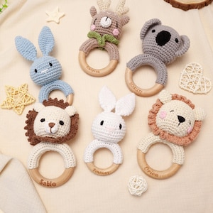 Animal Rattle with Babies Name, Custom Baby Crochet Toy Rattle, Personalized Baby Shower Gifts, Rattle Ring for Newborn, Baby Toy Gifts