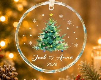 Personalisierter Weihnachtsschmuck aus Glas für Paare, Namensanhänger in Aquarelloptik, romantisches Geschenk zum ersten gemeinsamen Weihnachtsfest